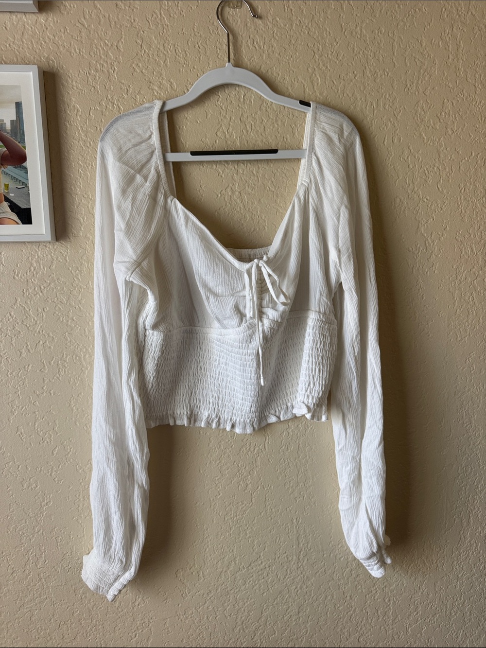 Holister Women's White Smocked Long-Sleeve Peasant Blouse